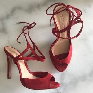 Schutz red suede lace up heel